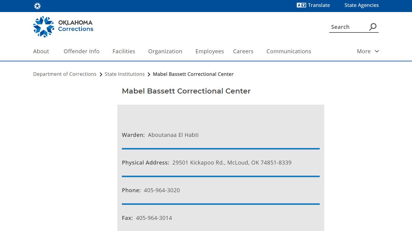 Mabel Bassett Correctional Center - Department of Corrections